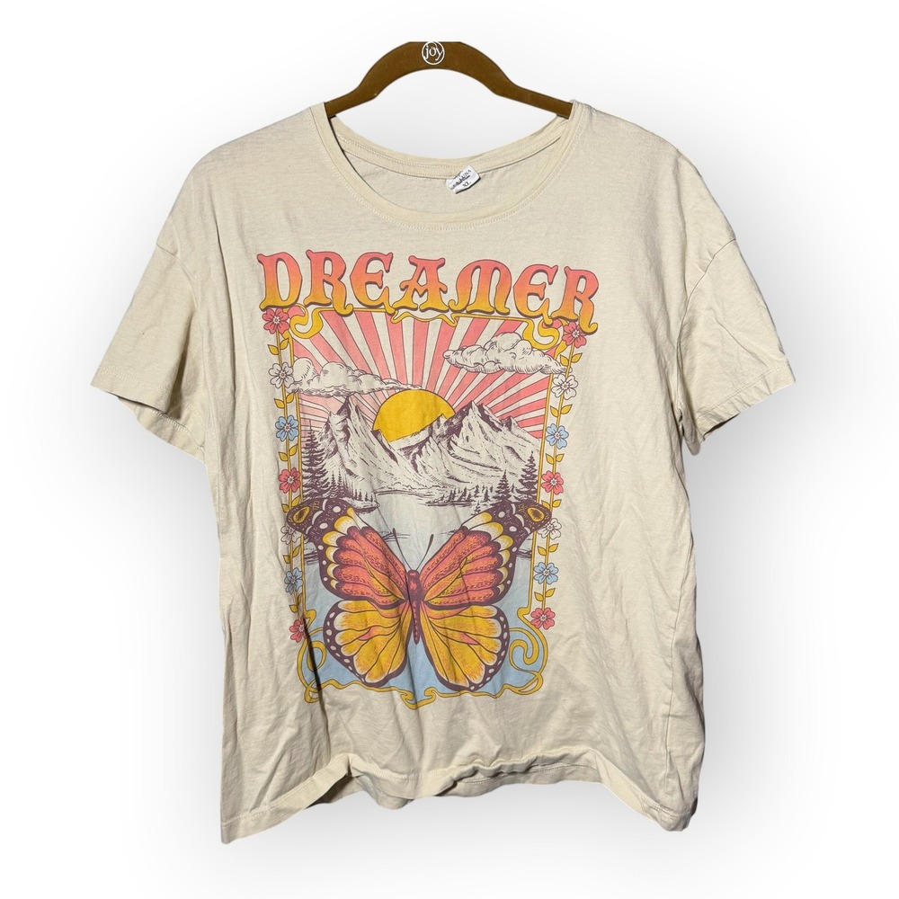 La Luna Dreamer Butterfly Mountain Graphic T-Shirt Tan XL Boho‎ Retro Sun